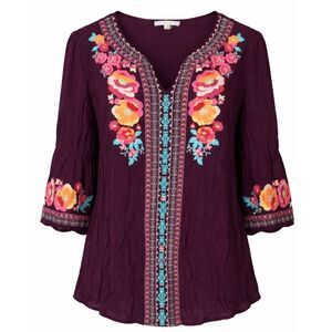 Andree by Unit Boho Peasant Blouse Womens Size S Floral Embroidered Notch Neck